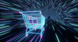 © Aurora frame - Neon Shopping Cart Speeding Through Hyperspace Online Retail Concept Modern Commerce