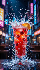 Wall Mural - Refreshing gin cocktail with lime and ice in a glass at a bar, a perfect cold drink for a party refreshment