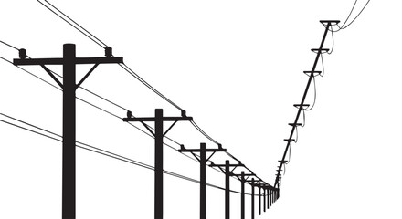 A perspective view of utility poles and power lines stretching into the distance, isolated on white isolated on transparent background