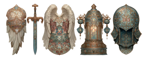 Ornate Fantasy Armor and Accessories with Intricate Design Elements