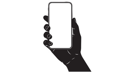 A black silhouette of a hand holding a smartphone with a blank white screen, isolated on transparent background