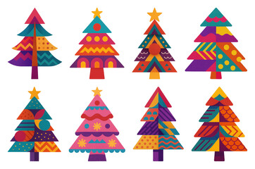 Wall Mural - PNG Colorful geometric Christmas trees, element set on transparent background