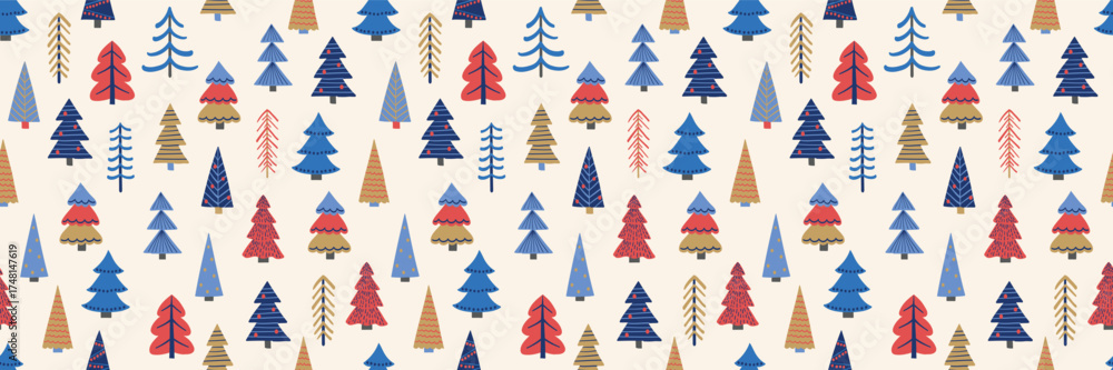 Christmas tree background. Seamless pattern design with hand drawn ...