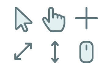 Essential computer interface symbols and pointers including selection arrow clicking hand and scrolling mouse device