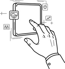Hand using a touch screen with icons, showing digital interface interaction. Modern technology concept. Vector illustration for interface design, web