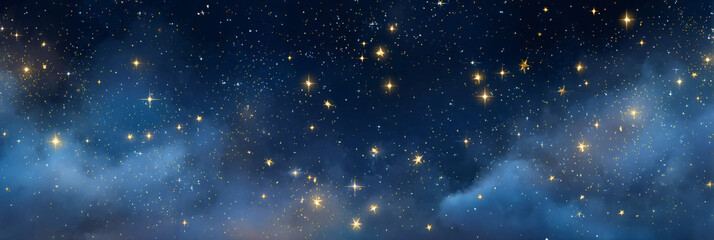 Wall Mural - Dark blue sky with many bright glowing stars on a deep space night sky background. Astronomical and cosmic scene.