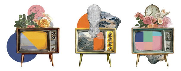 Vintage Television Cutout Collage with Retro Themes and Colorful Elements