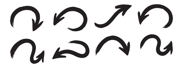 Wall Mural - Various bold brush drawn curved arrows. Collection doodle marker thick arrows in different directions. Hand drawn vector direction pointers. Curved and wavy brush strokes with scratches