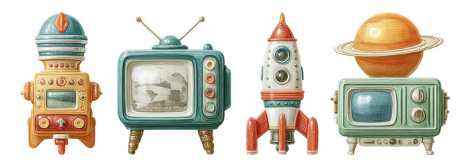 Vintage Retro Objects in Colorful Design Theme with Isolated Background