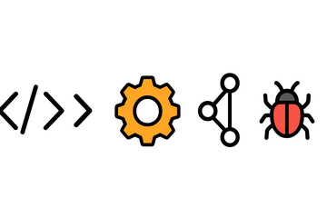 Development process symbols: coding tags, settings gear, network structure, and software bug