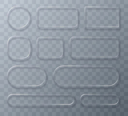 Set of modern transparent frame elements in a liquid glass style for user interfaces. Frames and buttons in a glass morphism style. Vector 3d illustration.