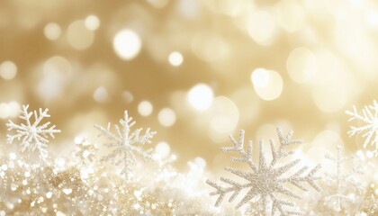 The illustration shows several sparkly snowflakes scattered on a shiny gold and white background with bokeh effects.