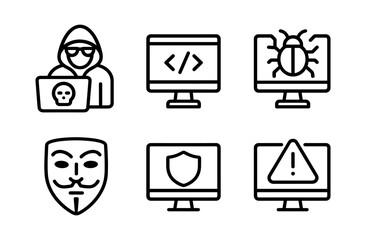 Cybersecurity and hacker icons in simple linear style for it and web development concepts