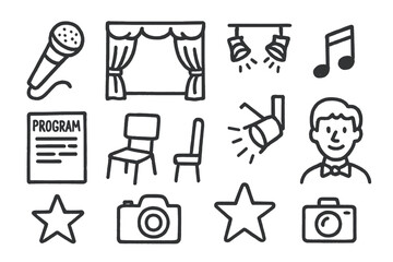 Stage Performance Icons. Stage performance doodle icon set: hand drawn icons of microphone, curtain, stage lights, music note,