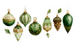 © Trendy Graphics - Collection of vintage green christmas ornaments and pinecone, detailed watercolor illustration isolated on transparent background
