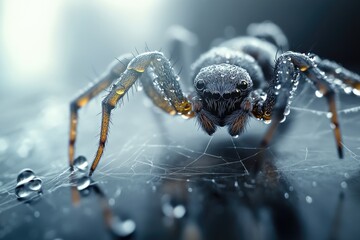 Macro shot of spider on web: intricate details of arachnid in moody blue lighting