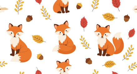 Cute fox and autumn leaves pattern.