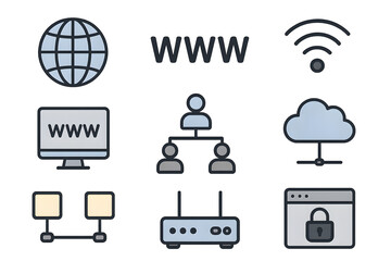 Collection of diverse internet icons with www text. Conceptual image. 