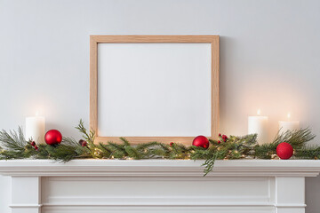 Wall Mural - Decorative fireplace mantle with empty wooden frame for Christmas wall art mockup, festive ornaments, and warm candles during the holiday season