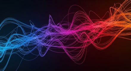 A colorful, abstract wave pattern with a gradient of red, orange, and blue lines on a black background.