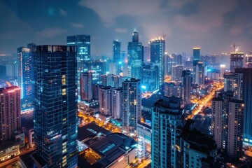  Cityscape at night with illuminated skyscrapers and traffic flowing on streets below