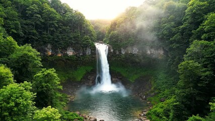 Wall Mural - Descending drone shot revealing a pristine waterfall cascading through a dense green forest on a misty afternoon ecology, exploration, commercial