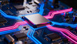 © smth.design - Modern microchip on blue circuit board with glowing red and blue data lines symbolizing advanced technology and data transfer