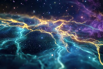 Wall Mural - Colorful cosmic swirl of electric blue and gold in a vast universe filled with stars
