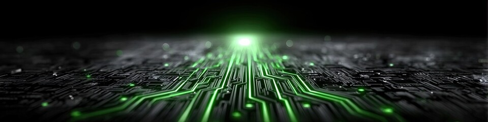 Abstract Green Circuit Board Technology Network Data Flow With Bright Light In Dark Background