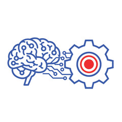 Vector illustration of stylized blue outline of a human brain connected to a large gear with red and blue accents, symbolizing the integration of intellect and mechanics in ai