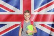 © New Africa - Little boy with backpack against flag of United Kingdom. Language school