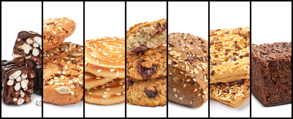 Wall Mural - Gritty or seedy food texture. Collection of cookies, puffed rice bars and bread on white background, collage
