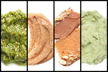Wall Mural - Pesto sauce and different nut butter samples with gritty or seedy texture combined into collage. White background