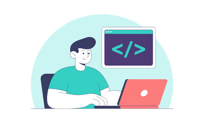 developer coding on a laptop with a code symbol window, vector illustration for software engineering and web development