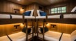 © Erisna Yolanda - Cozy cabin interior with two sets of bunk beds arranged in an L-shape; crafted from wood with clean lines; bright lighting and crisp bedding