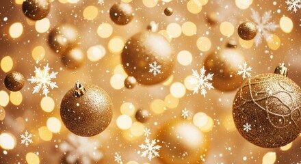 Wall Mural - Golden Christmas ornaments and snowflakes on bokeh light background