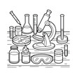 © mjkdesigns - Science Lab Equipment kids and adults coloring page in hand drawn line art style. Printable black and white illustration for mindfulness, creativity, and relaxing art activities.