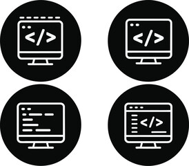 Four circular icons displaying computer screens with code symbols on them