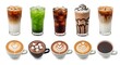 © SnapFrame Studio - Diverse collection of refreshing iced and comforting hot coffee beverages, alongside other delightful drinks, beautifully arranged in various cups and glasses