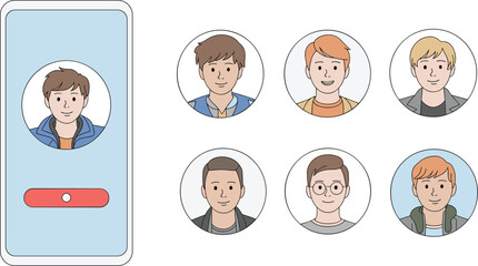 Cartoon men profiles in social media app