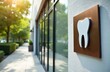 © Vadym - Modern dental clinic building exterior with a white tooth logo on a brown square sign. The facade has large glass windows reflecting green trees and sunny daylight on a walkway.