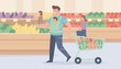 © Jar of Vector - Smiling dad grocery shopping with baby in carrier at supermarket Modern family lifestyle
