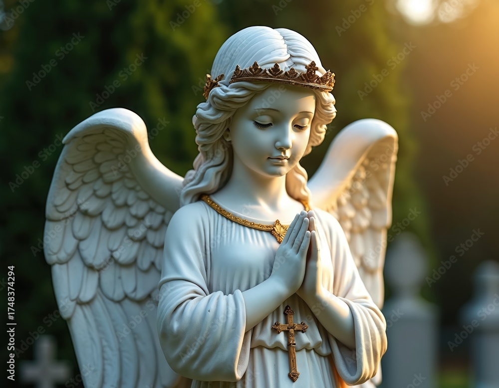 Marble angel sculpture with wings and crown prays with hands together ...