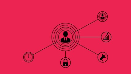 Abstract social network icon concept animation. Contacts and connected people avatars or icon, network, social media, business success concept animated on red background.