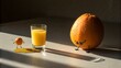 © PixelNest - A large funny orange character sits watching a tiny orange next to a spilled glass of juice under bright sun.