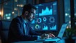© Vadym - Man in suit works on laptop with financial charts on large screen in dark office at night. Data analyst reviews graphs and data for business intelligence. Computer screen glows with statistics.