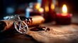 © evgenia_lo - A Mystical Arrangement of Pentagram Pendant, Ancient Scroll and Candles Creating an Enigmatic Atmosphere for Ritualistic Practices