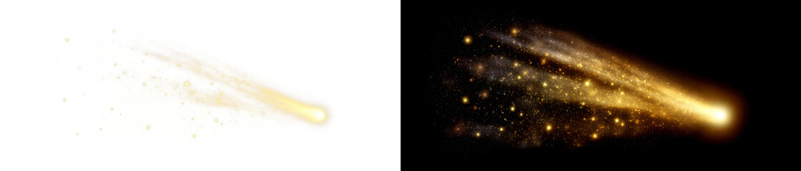 Wall Mural - Bright Golden Comet Surrounded by Shimmering Stardust Effects Display on Transparent and Black Background, cutout, png