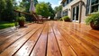 © Vadym - Newly stained wood deck outside house, with chairs and umbrella. Green plants and trees surround deck. Home exterior view, summer day, relaxing atmosphere.