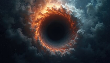 Wall Mural - Dark vortex with glowing orange rim surrounded by swirling clouds. Stars visible in deep space background. Cosmic phenomenon, energy portal, abstraction.